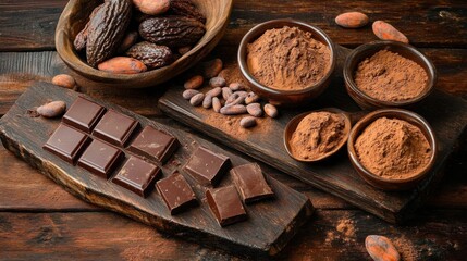 cacao powder- chocolate bars and cocoa beans on wooden table. natural product photo for the magazine