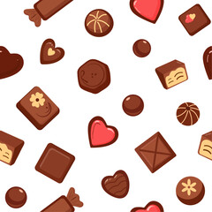 Seamless Pattern with Chocolate Candies and Pastries on White Background – Vector Illustration for World Chocolate Day, Kids Designs, Sweet Shop, Holiday Wrapping, and Dessert-Themed Business Promotio