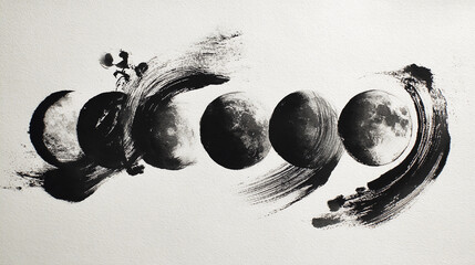 Sumi-e style black ink brushstrokes with phases of the moon