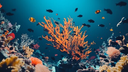 Fototapeta premium An underwater scene with coral reefs, colorful fish, and sea plants. The background is a dark blue, creating an atmosphere of mystery. In the center, there's a large orange-brown branch 