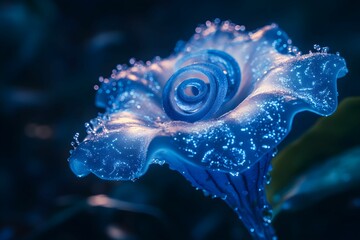 Makrofotografia nierealnego, obcego kwiatu z półprzezroczystymi, spiralnymi płatkami i świecącymi na niebiesko czułkami. Kwiat pokryty jest opalizującą rosą, a w powietrzu unoszą się lekko świecące za