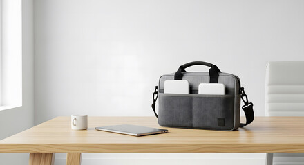 Modern grey messenger bag on wooden desk with tablet and phone