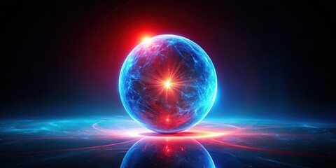 A single blue sphere is illuminated from within, emitting a bright red glow as it rotates rapidly on a dark background