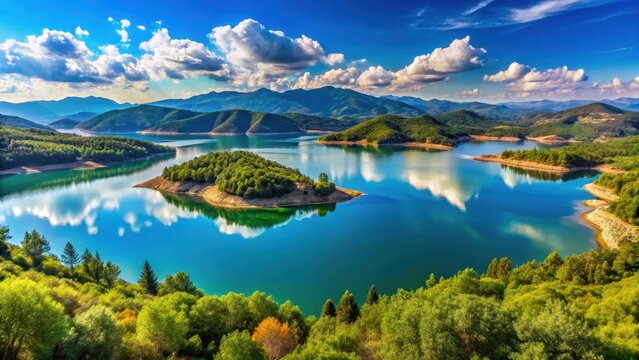 Panoramic view of Lake Plastira in Karditsa, Greece with surrounding mountains and lush greenery