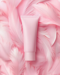 Pink cosmetic tube lies on pastel bird feathers. Vertical mockup of girl's cream for sensitive skin. Flat lay of matte plastic packaging