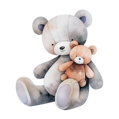 Soft toy of sitting teddy mother with her little bear. Cute watercolor illustration. Isolated clipart with clear even edge on transparent background