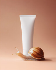 White cream tube with snail on pastel red background. Minimalistic vertical mockup of skincare cosmetics with lifting effect, professional studio light