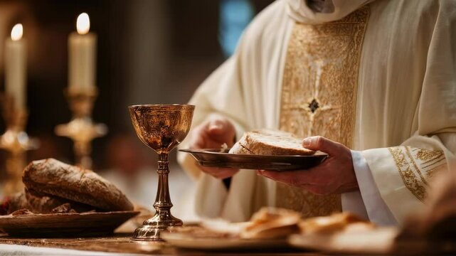 Closeup of a priest or minister blessing the bread and wine before the congregation, representing the importance of prayer and blessing in the Communion process.