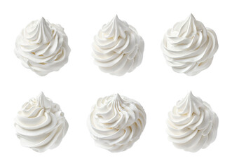 Whipped cream, set of white swirls. 45 degree angle view. Realistic photo for packaging design or food catalog. Isolated clipart with clear even edge on transparent background