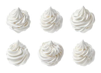 Whipped cream, set of white swirls. 45 degree angle view. Realistic photo for packaging design or food catalog. Isolated clipart with clear even edge on transparent background