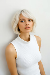 fashionable blonde girl in white wool turtleneck. pretty young woman