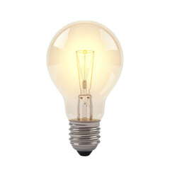 Brightly lit classic incandescent light bulb glowing on a transparent background isolated