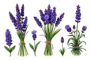 Fototapeta premium Beautiful Lavender Flowers Bouquet Sprigs Plants Isolated on White Background