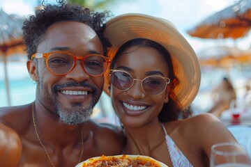 A cheerful couple captured at the beach, radiating happiness and connection as they savor a delicious meal amidst a sunny landscape, representing love and joy.