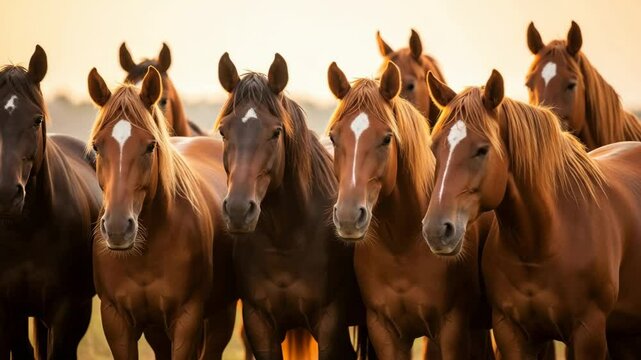 Herd of brown horses with white blazes looking at camera. Red horse symbol for Chinese New Year 2026. Domestic animal