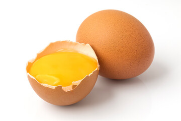 broken chicken eggs with yolk isolated on white background with clipping path. Ingredient for making breakfast - eggs concept.