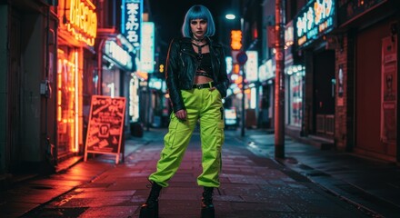 Person standing in neon lit alley at night