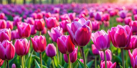 Dense carpet of vibrant pink and purple tulips in a beautiful field with varied petals and delicate stems