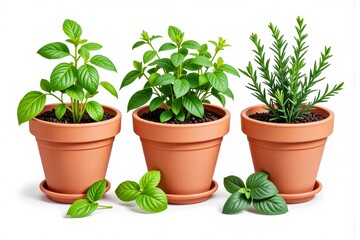 Fototapeta premium Three terracotta pots with fresh herbs mint basil rosemary plants Home gardening kitchen herbs