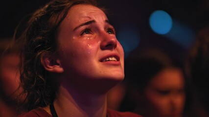 Closeup of a camp counselor, tears streaming down her face as she sings with deep emotion and passion during a worship song.