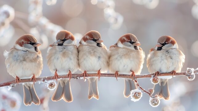 A delightful gathering of sparrows perched on a branch dusted with frost, capturing the essence of winter's beauty and the warmth of community among birds. - Powered by Adobe