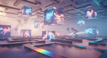 Enchanted maze with luminescent mythical creatures in glass cubes