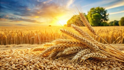 Ancient grains scattered in a sunny field, with a few stalks of wheat and barley standing tall, rural, nature