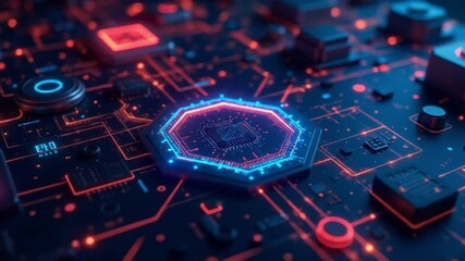 A close-up view of a futuristic digital circuit board with glowing neon blue and red elements, symbolizing advanced technology, artificial intelligence, and data processing - Powered by Adobe