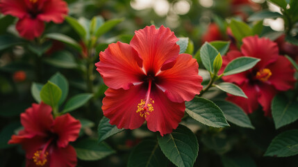 Vibrant red hibiscus flowers bloom amidst lush green leaves, creating stunning display of nature beauty and color