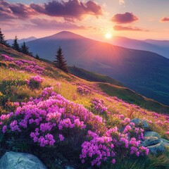 Incredible summer sunset with pink rhododendron flowers. Location place Carpathian mountains, Ukraine, Europe. Vibrant photo wallpaper. Image of exotic landscape. Discover the beauty of earth.