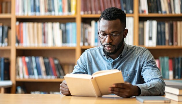 Man reading book in library; shelves behind