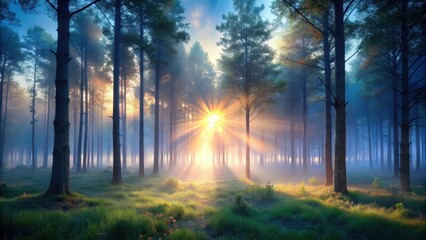 A glowing aura surrounds a misty forest at dawn