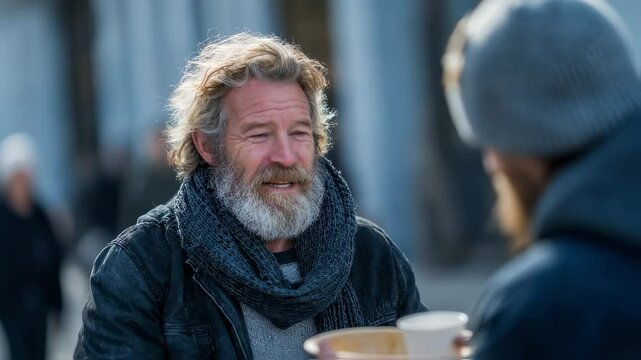 Concept photo of a volunteer offering food and supplies to a homeless person, with a look of genuine concern and compassion, embodying the selfless acts of Divine Love.