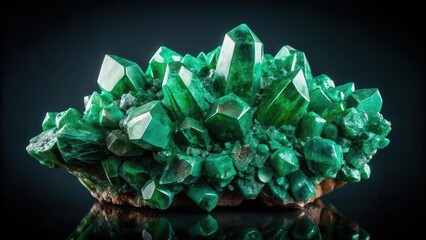 Detailed green malachite crystal cluster on a dark black background with subtle gradient effects