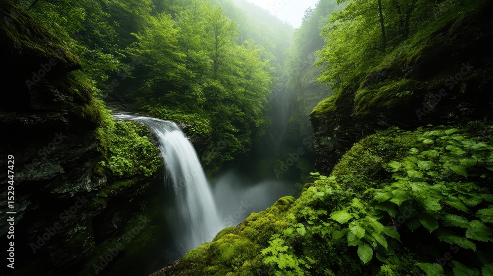 Aufkleber a mesmerizing waterfall flows through a dense green forest, creating an enchanting atmosphere with m
