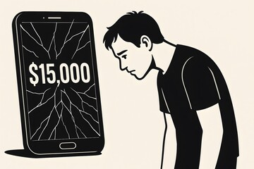 Depressed Man Staring at Broken Smartphone Screen with Dollar Amount