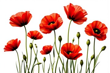 Fototapeta premium Vibrant Red Poppies Isolated on White Background Blooming Flowers Floral Design Element