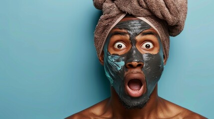 Obraz premium A young man with a facial mask expressing shock and awe, showcasing a moment of vulnerability and self-care while maintaining a humorous, engaging appearance.