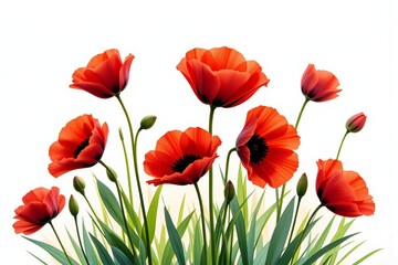 Naklejka premium Vibrant Red Poppies in Lush Green Foliage Isolated on White Background Floral Nature Photography