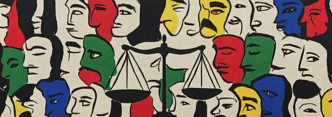 Multicolored faces and a balance; symbolic depiction of a multitude of people and justice