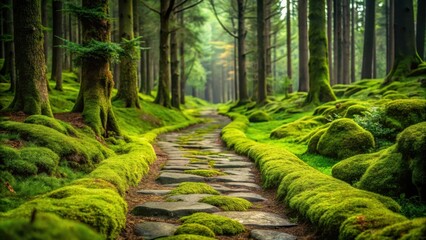 A winding stone path overgrown with lush green moss