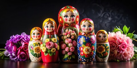 Fototapeta premium Colorful Matryoshka dolls stacked on a black background with a bouquet of fresh flowers in the foreground