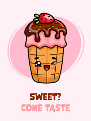 Poster with strawberry chocolate ice cream. Kawaii style cute sweet dessert.