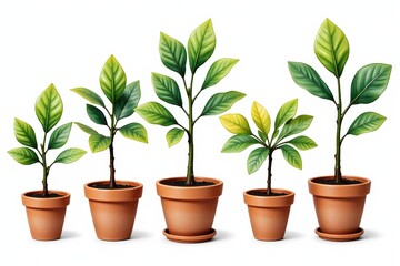 Obraz premium Five Growing Plants in Terracotta Pots Showing Stages of Development and Growth