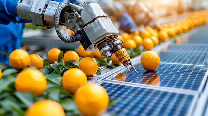 Automated orange sorting process citrus farm technology innovation agricultural environment close-up view efficiency in food production