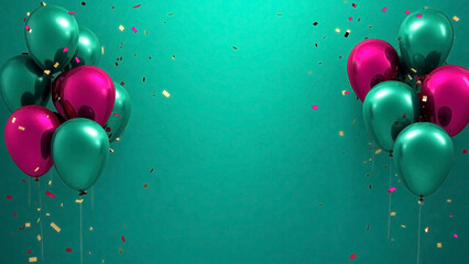Festive arrangement of green and fuchsia balloons with confetti celebration and party theme with copy space
