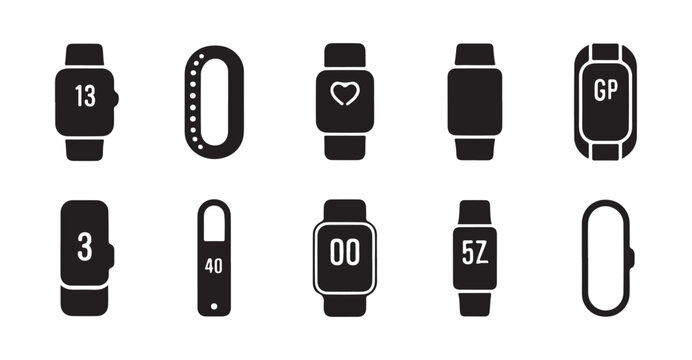 A set of black silhouette icons representing various types of smartwatches vector art on white