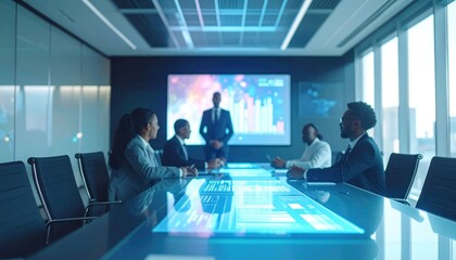 Futuristic boardroom. Diverse team, glowing table, presentation screen. Modern and tech-focused