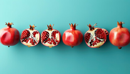 Array of vibrant pomegranates on blue background with copy space