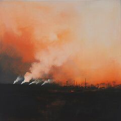 Nuclear power plant, Smoke from the chimney, Smoke in the sky, Fire and smoke, An Orange and White Smoke Rising  into the sky from an Industrial Ground at Sunset